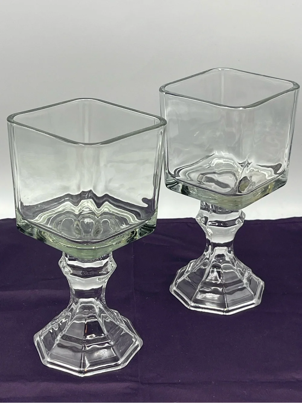 Vintage Pressed Glass Candle Holders Square Top Hexagonal Stem Pedestal Set of 2